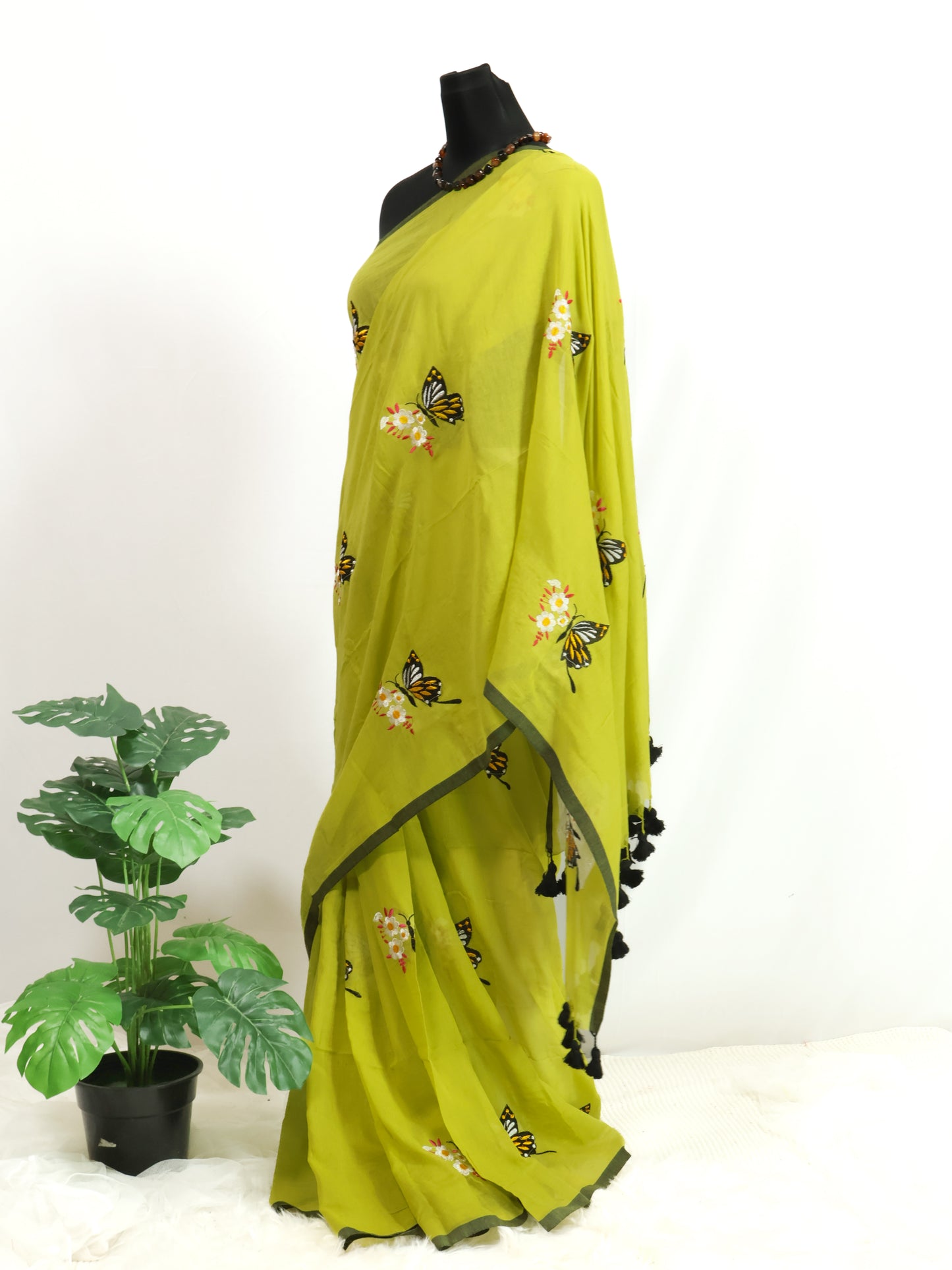 Butterfly embroidered green mul cotton saree-S183