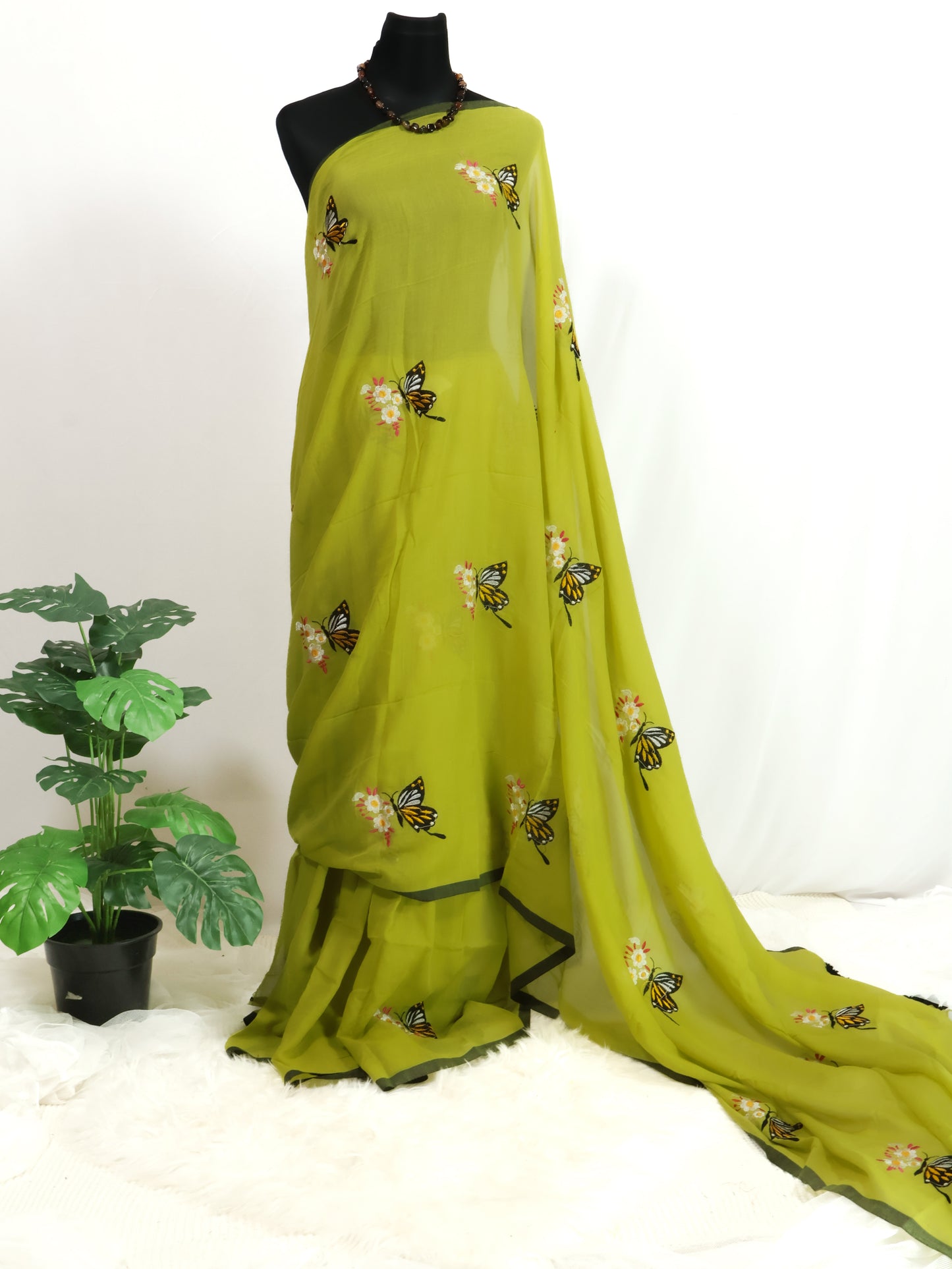 Butterfly embroidered green mul cotton saree-S183