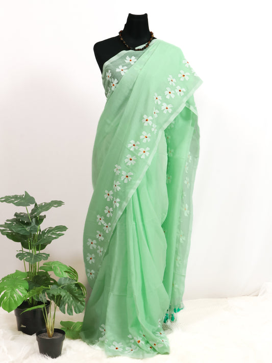 Sea green color shiuli mul cotton saree-S182