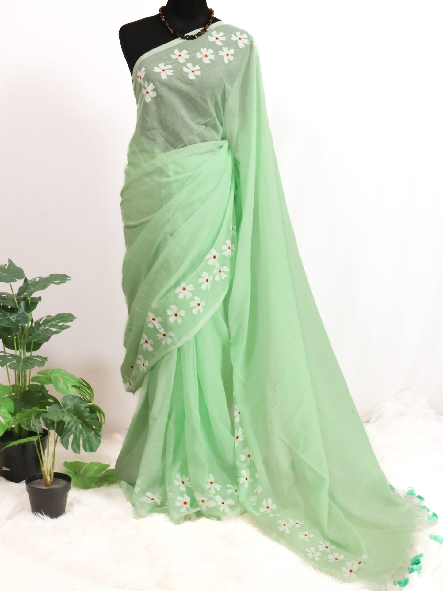 Sea green color shiuli mul cotton saree-S182