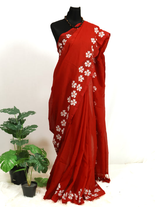 Red color shiuli mul cotton saree-S181