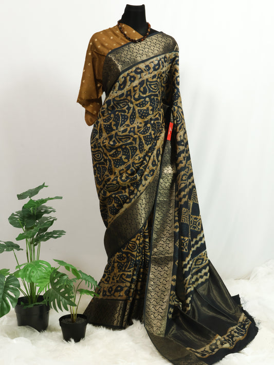 Russian silk bagru/dabu printed silk saree-S167