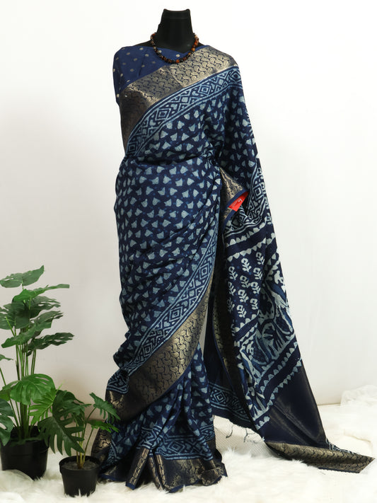 Russian silk bagru/dabu printed silk saree-S165