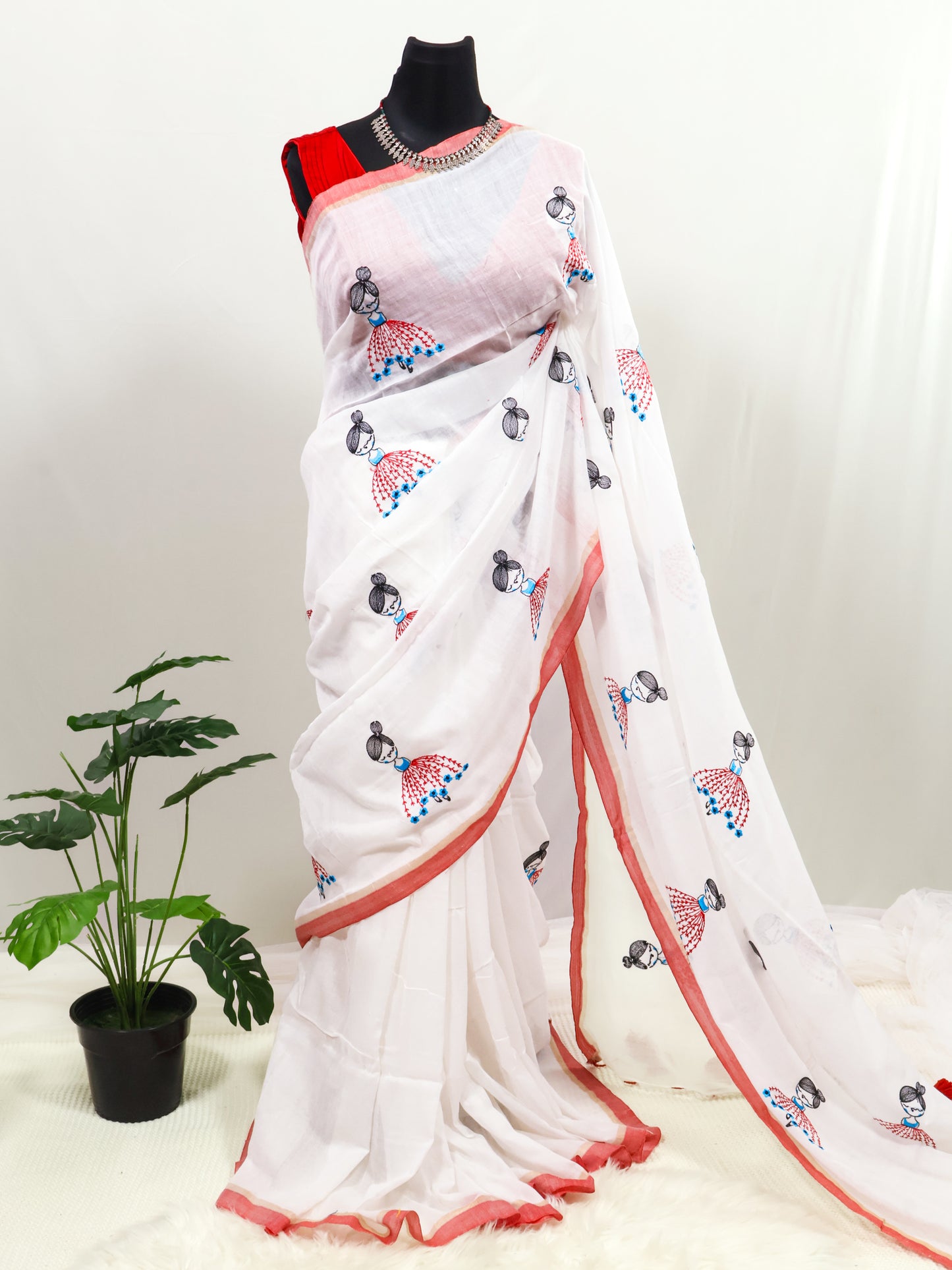 Doll embroidered white mul cotton saree-S175