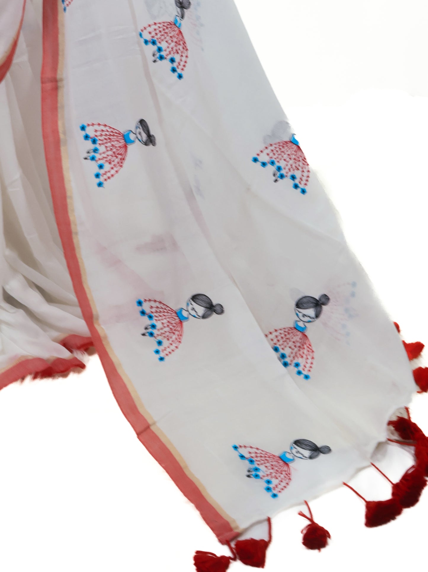 Doll embroidered white mul cotton saree-S175