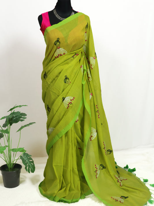 Doll embroidered green mul cotton saree-S176