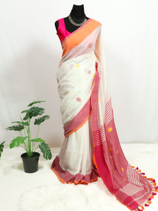 White & pink embroidered khadi cotton saree-S174