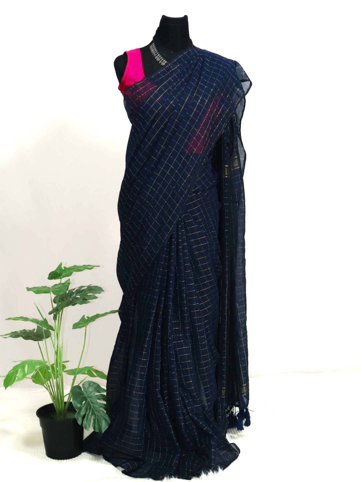 Dark blue golden zari box woven mul cotton saree-S198