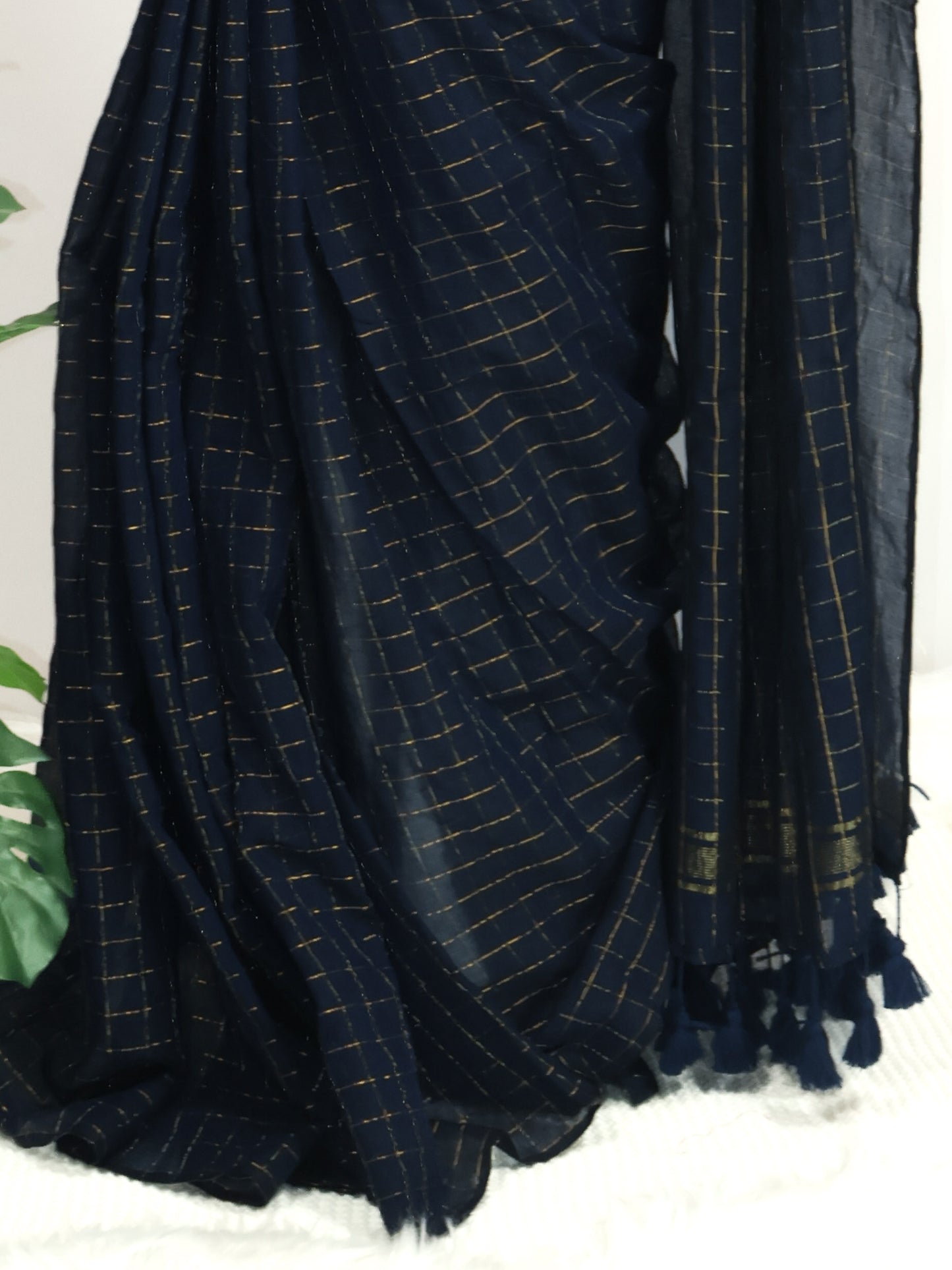 Dark blue golden zari box woven mul cotton saree-S198