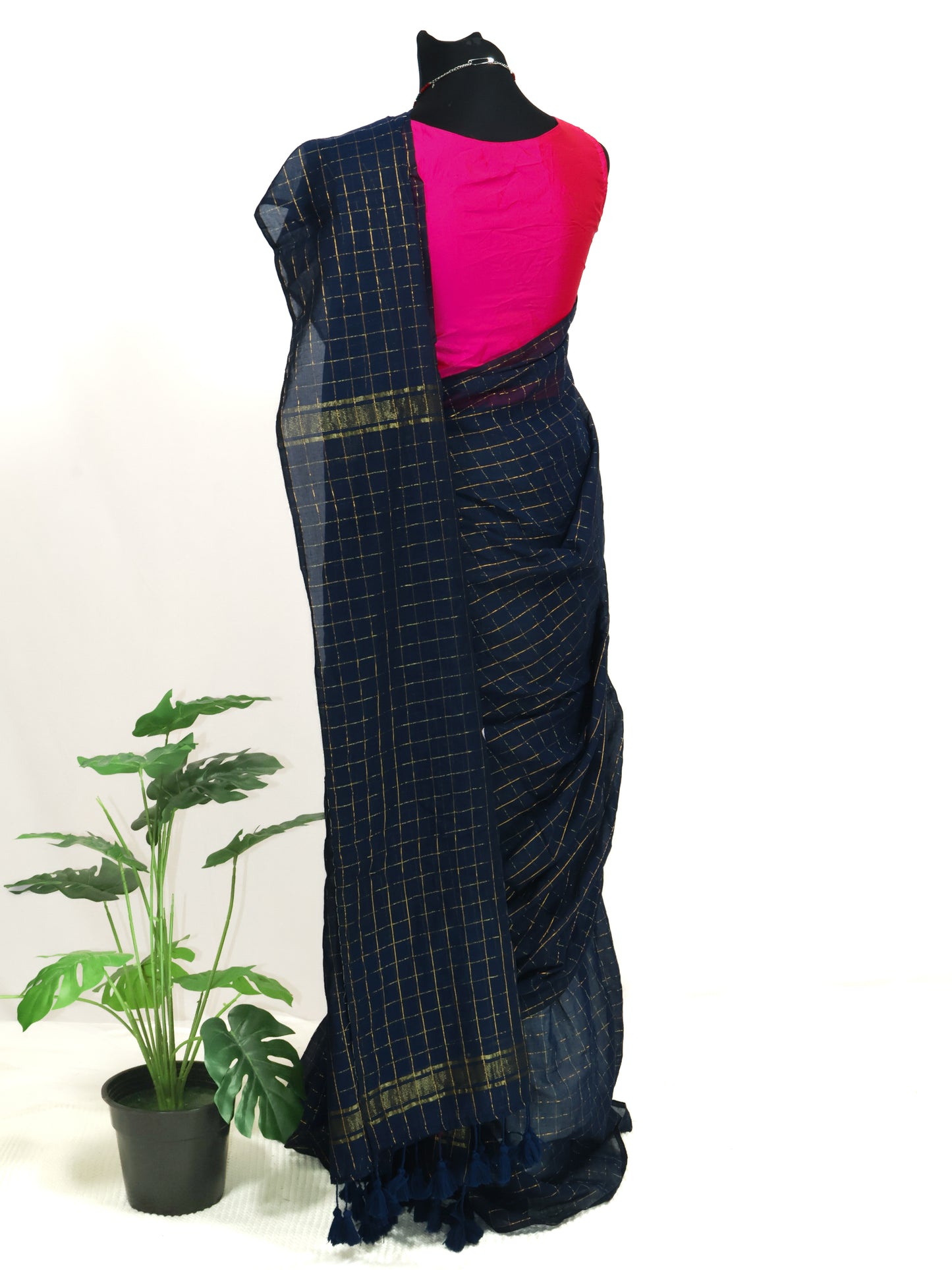 Dark blue golden zari box woven mul cotton saree-S198