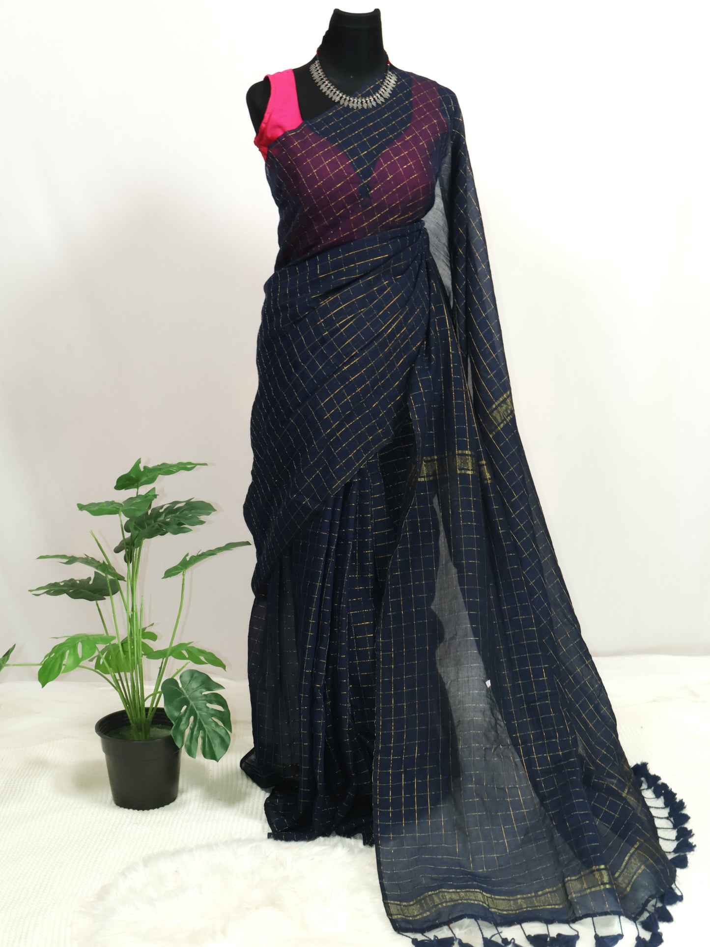 Dark blue golden zari box woven mul cotton saree-S198