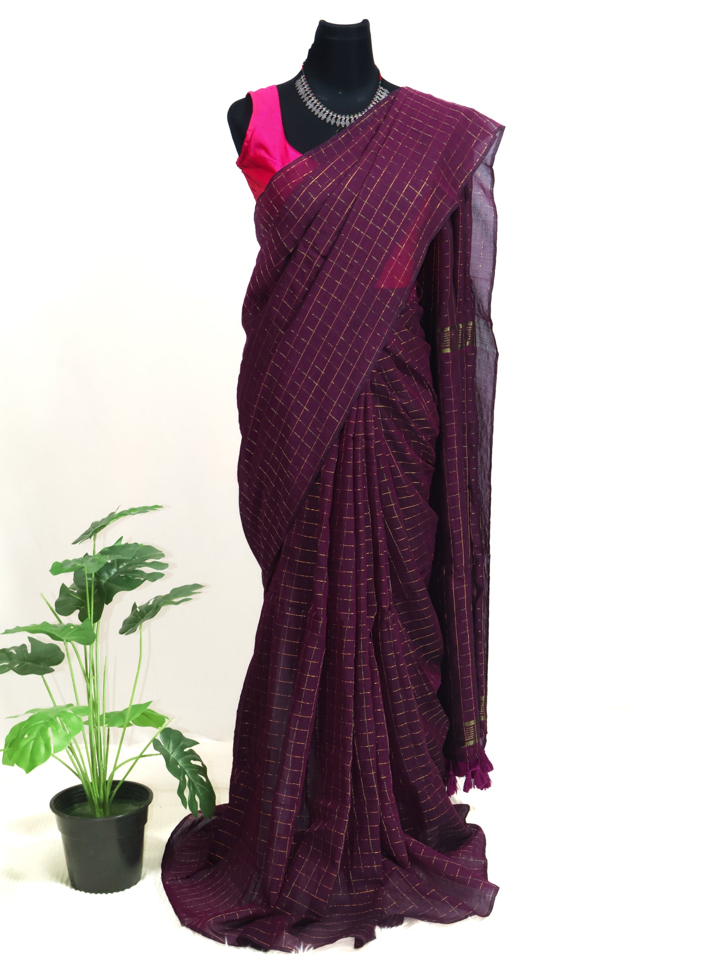 Purple-golden zari box woven mul cotton saree-S200