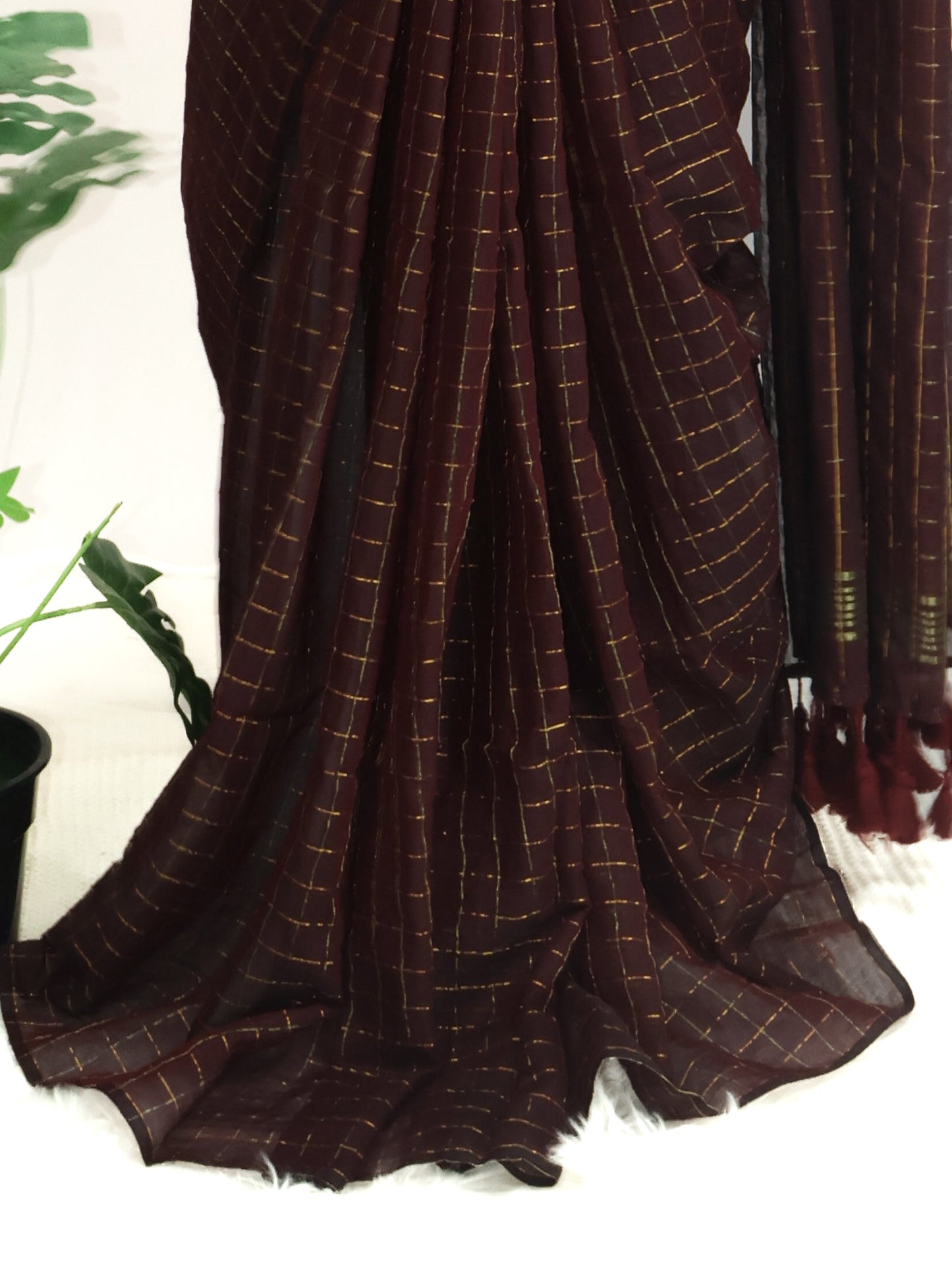 Coffee brown golden zari box woven mul cotton saree-S199