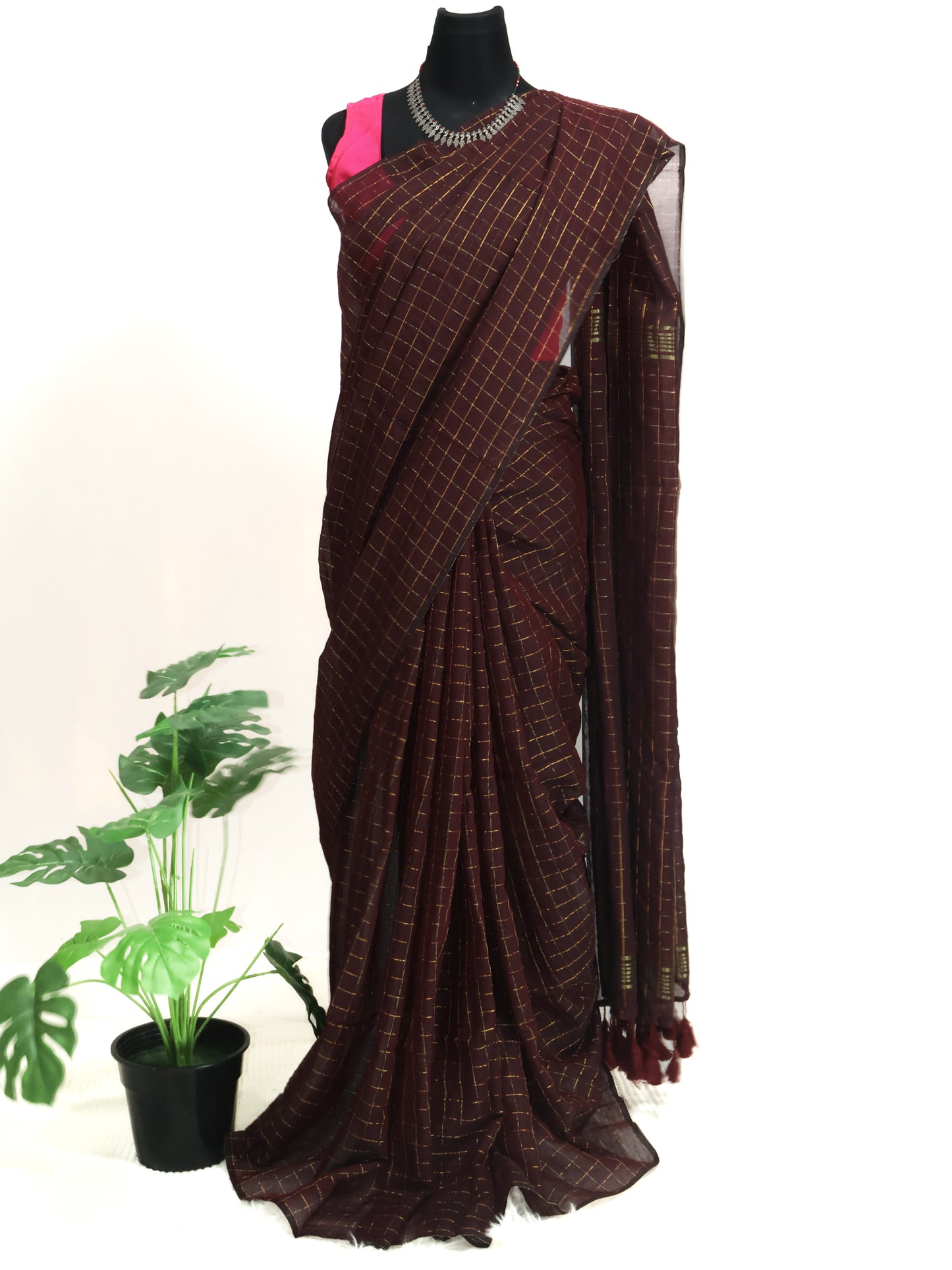 Coffee brown golden zari box woven mul cotton saree-S199