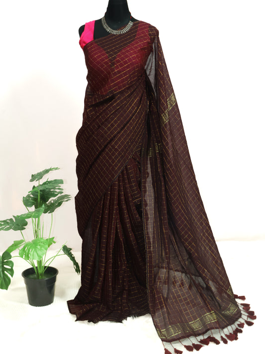 Coffee brown golden zari box woven mul cotton saree-S199