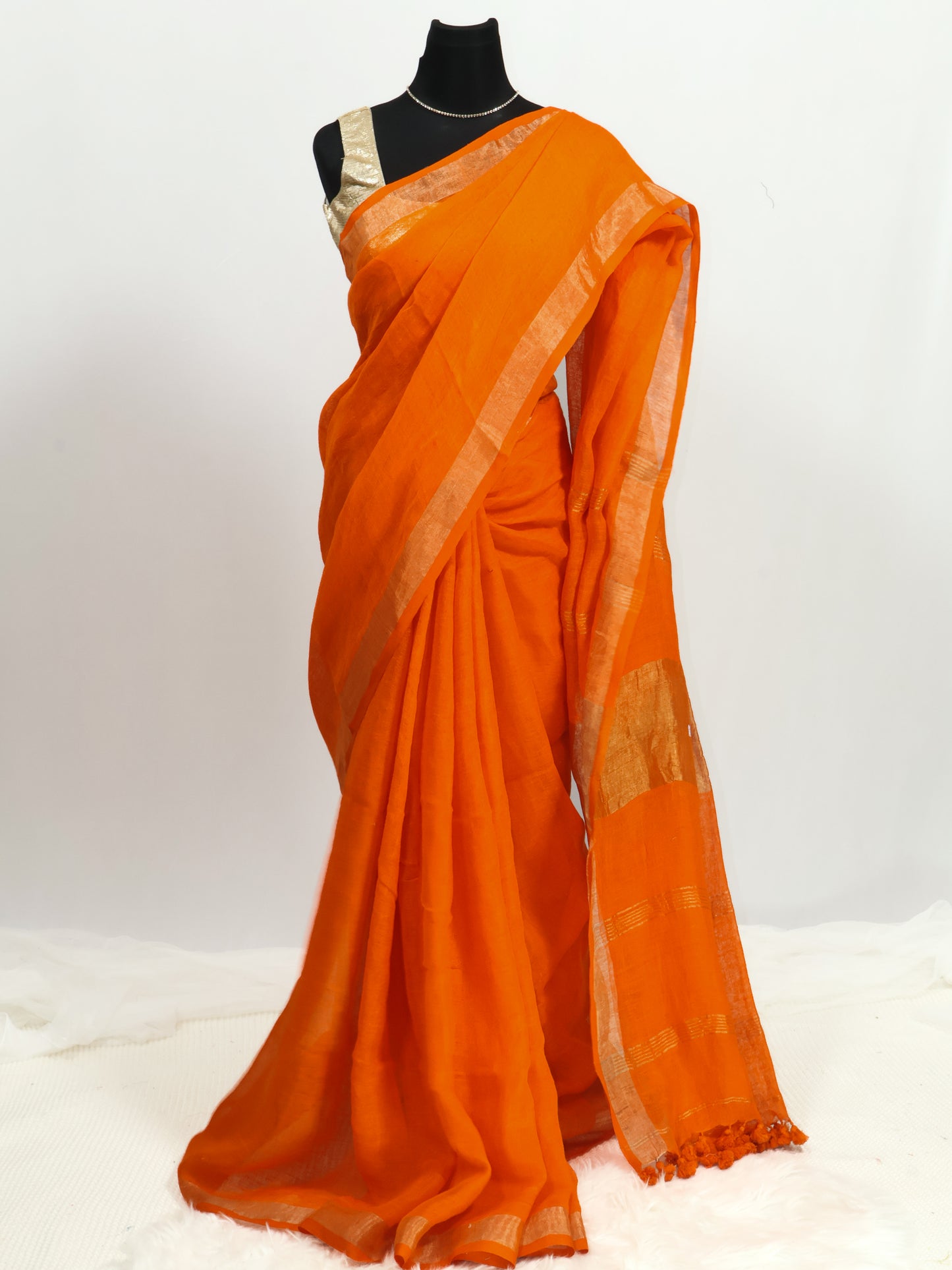 Orange color pure linen saree-S191