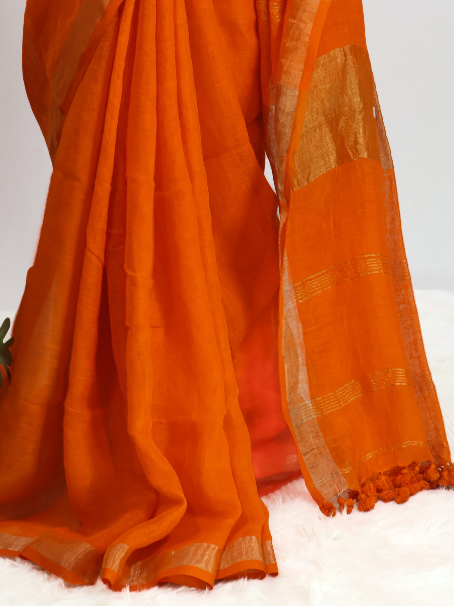 Orange color pure linen saree-S191