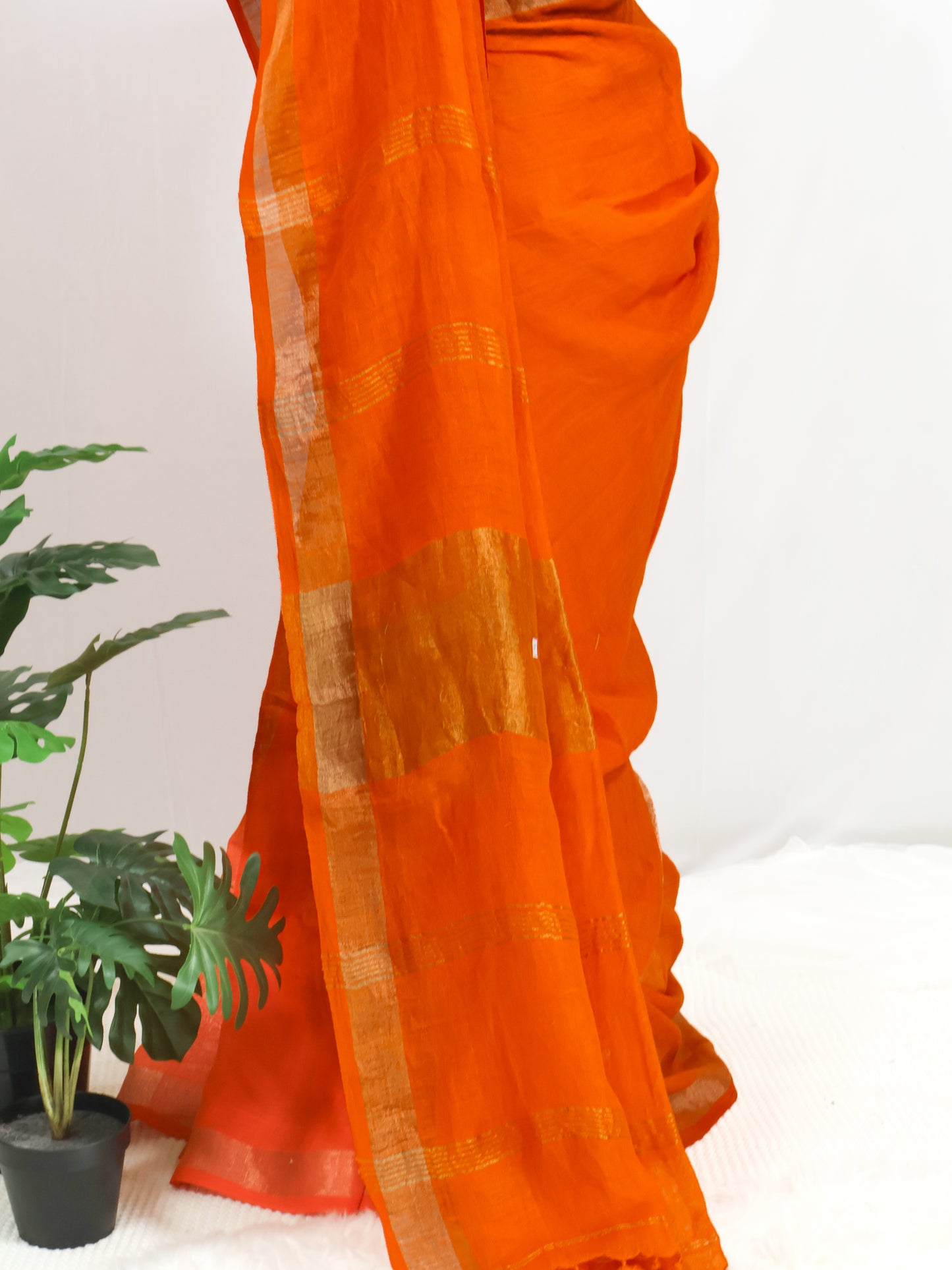 Orange color pure linen saree-S191