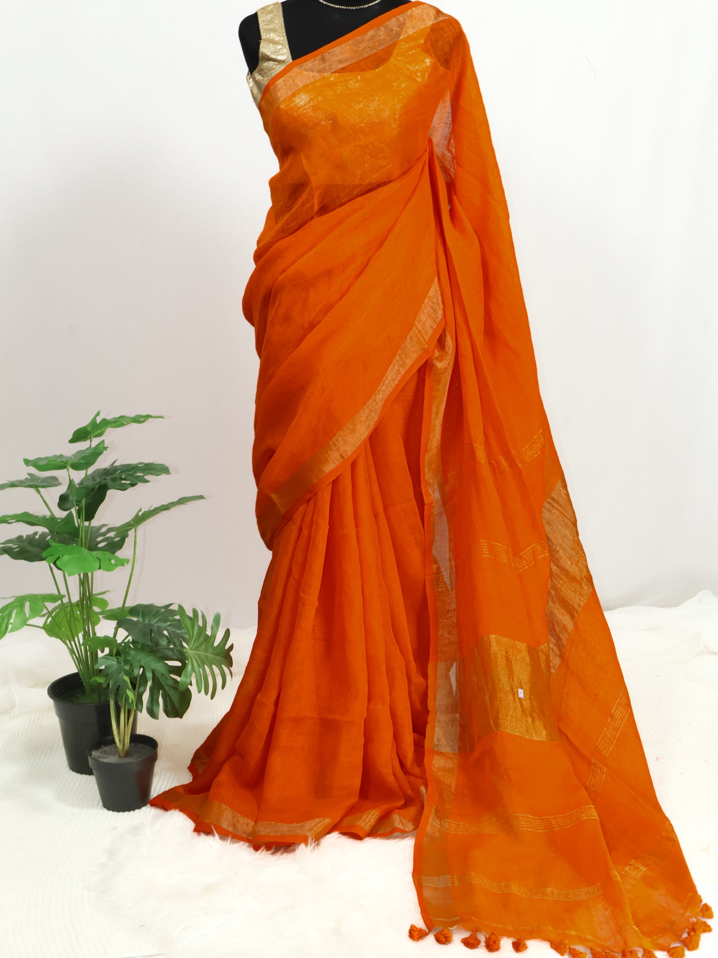 Orange color pure linen saree-S191