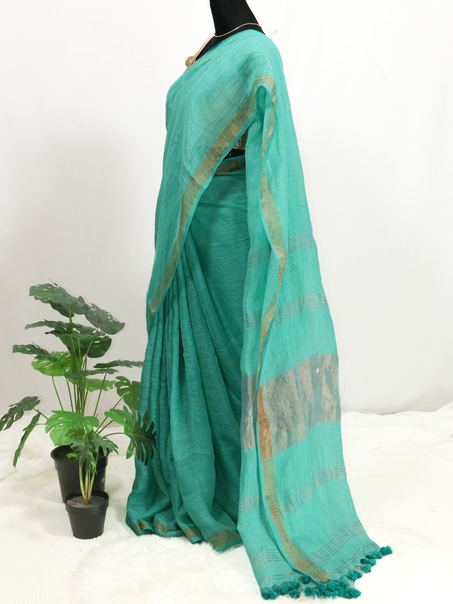 Seagreen color pure linen saree-S193