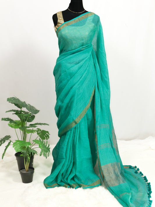 Seagreen color pure linen saree-S193