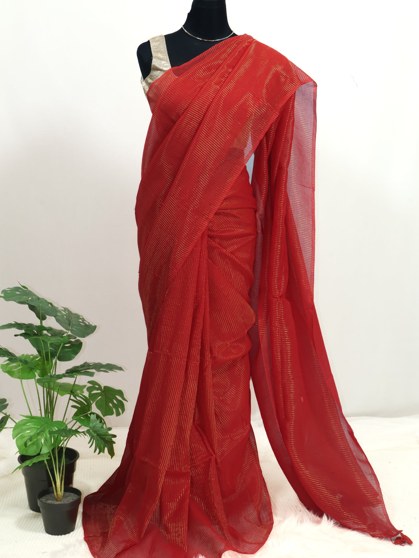 Red color golden zari lines mul cotton saree-S189