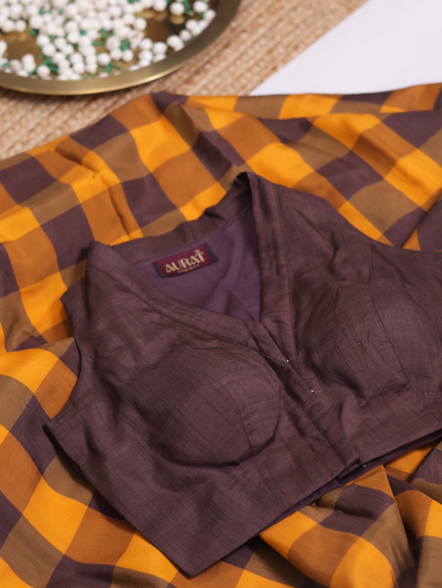 Amber Check Legacy- raw silk saree with digital check prints