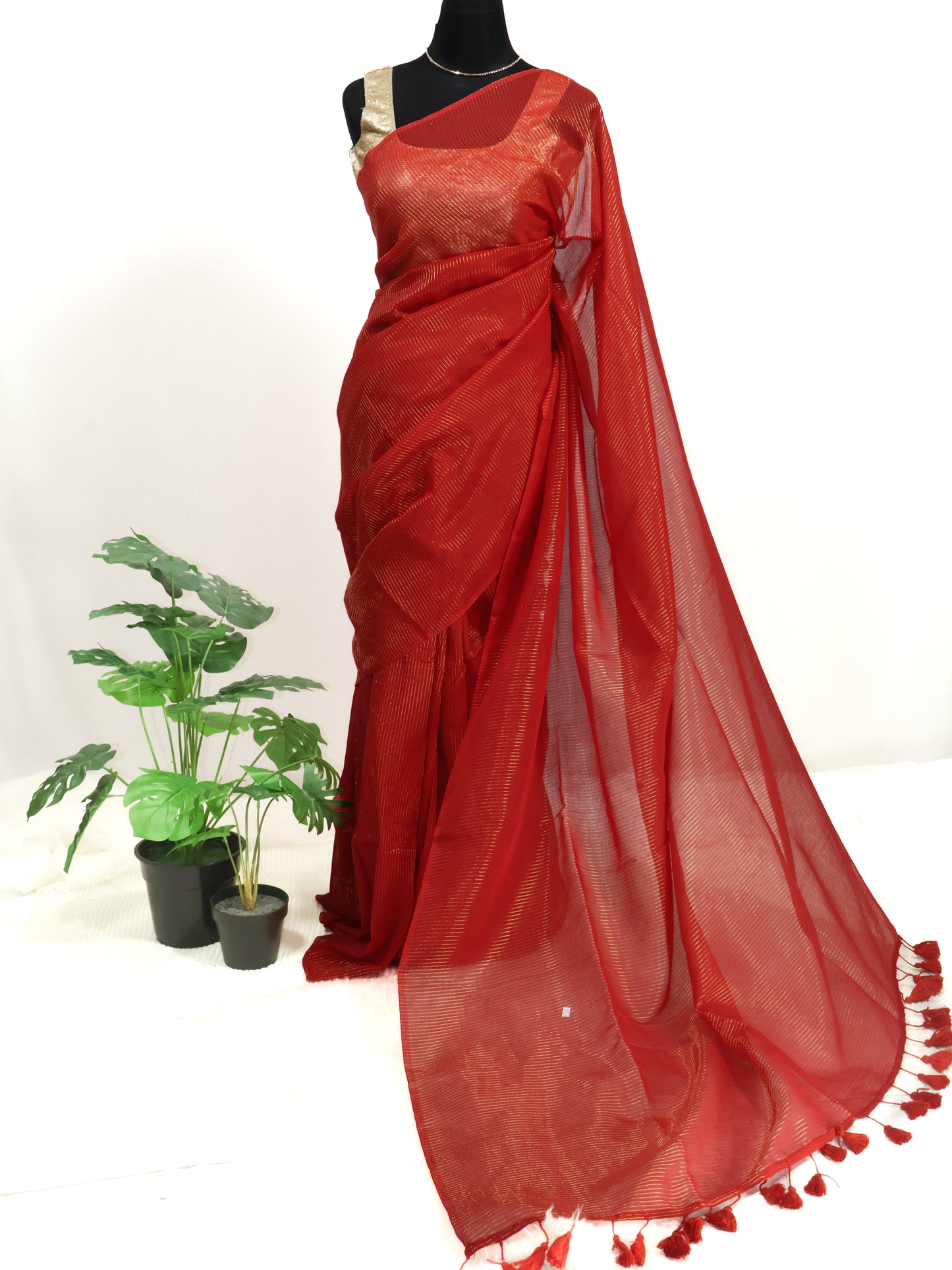 Red color golden zari lines mul cotton saree-S189