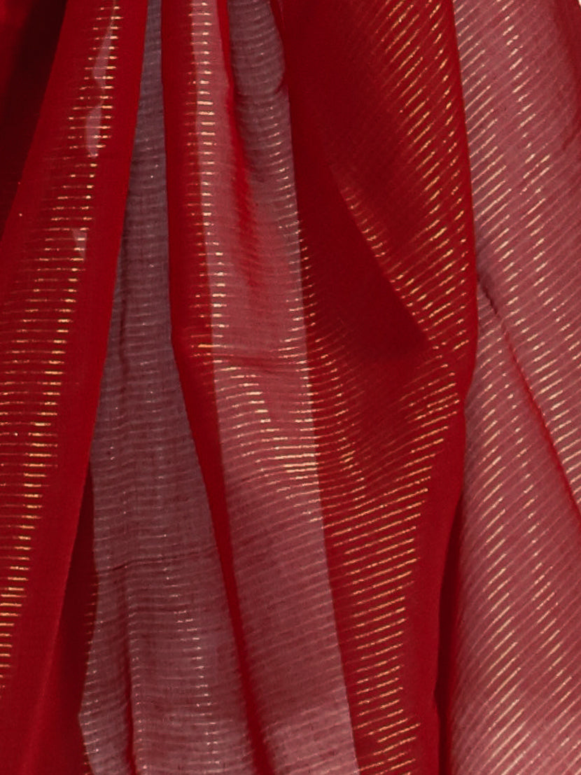 Red color golden zari lines mul cotton saree-S189