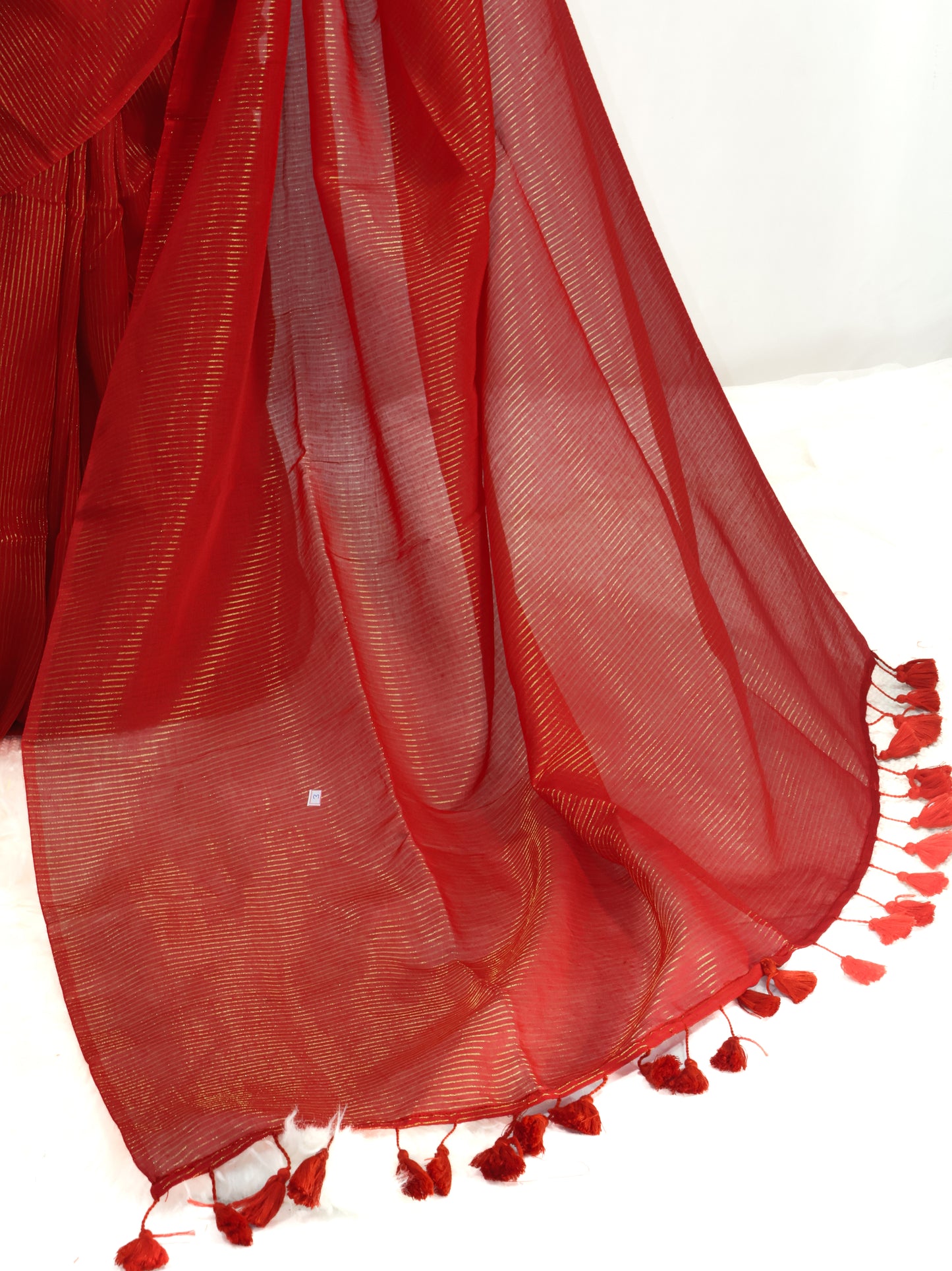 Red color golden zari lines mul cotton saree-S189