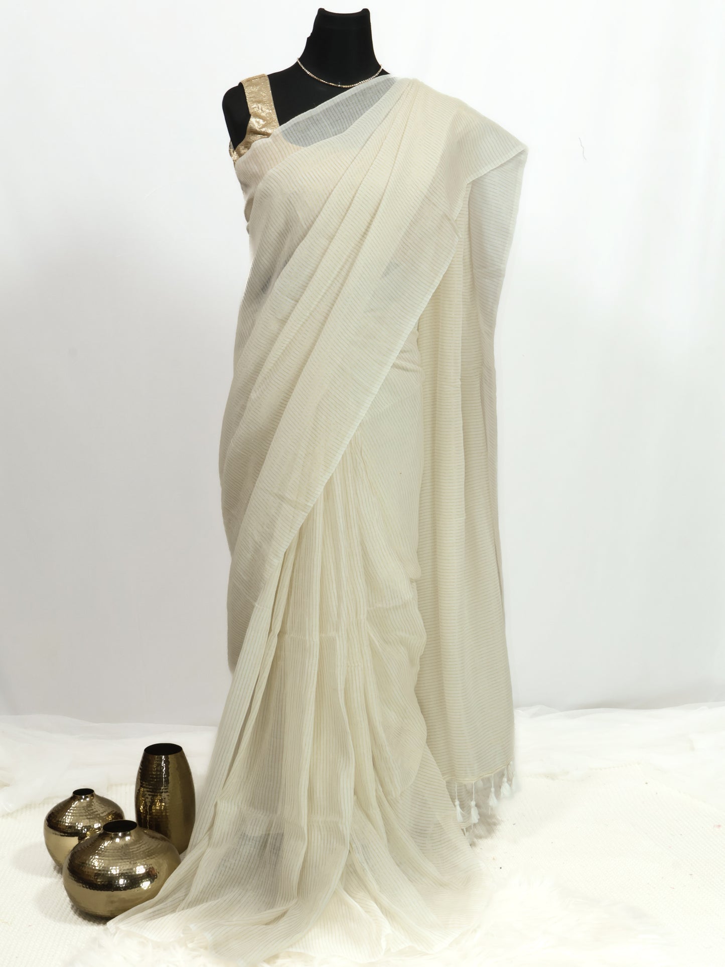 Off white  golden zari lines mul cotton saree-S190