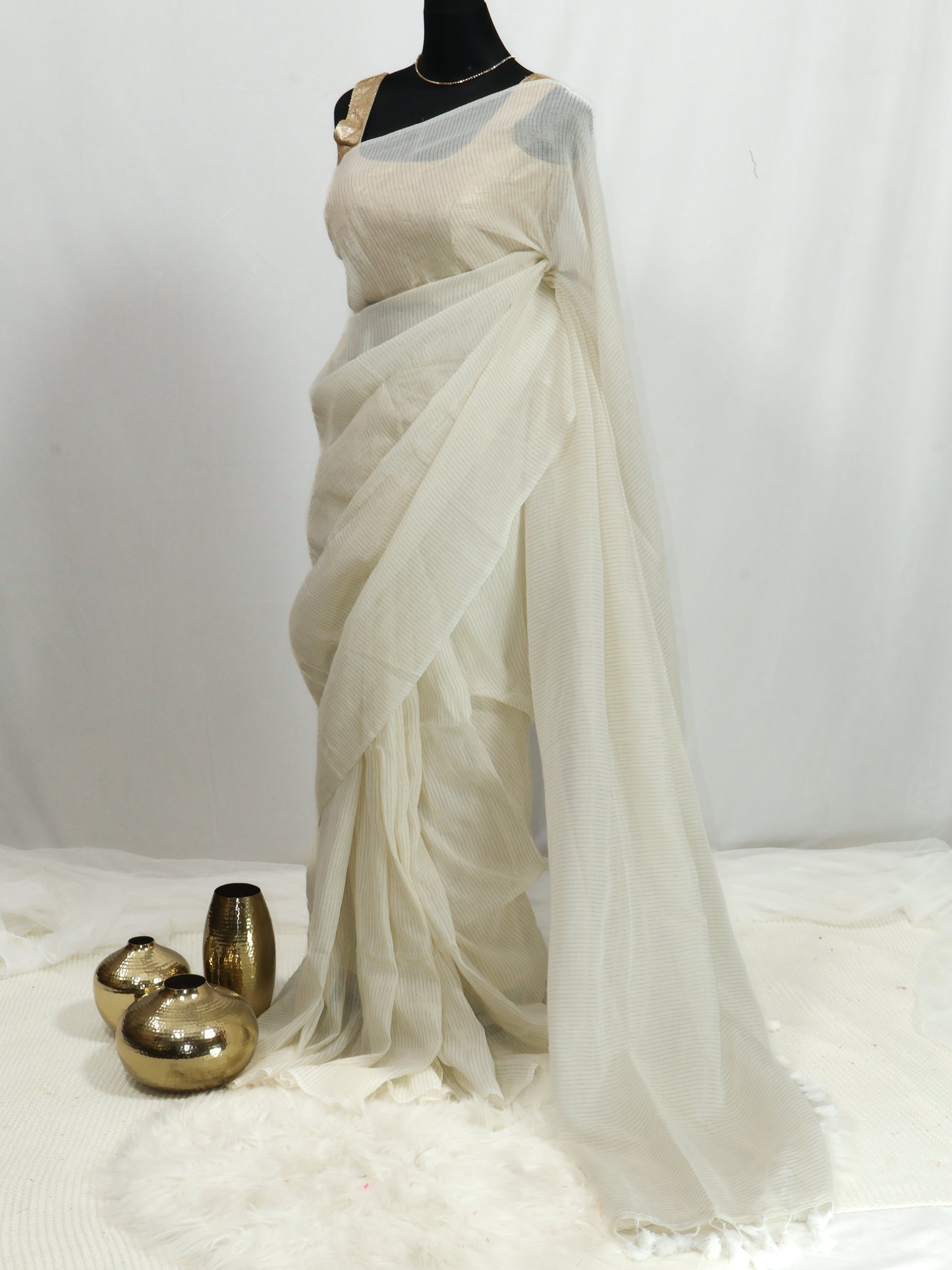 Off white  golden zari lines mul cotton saree-S190