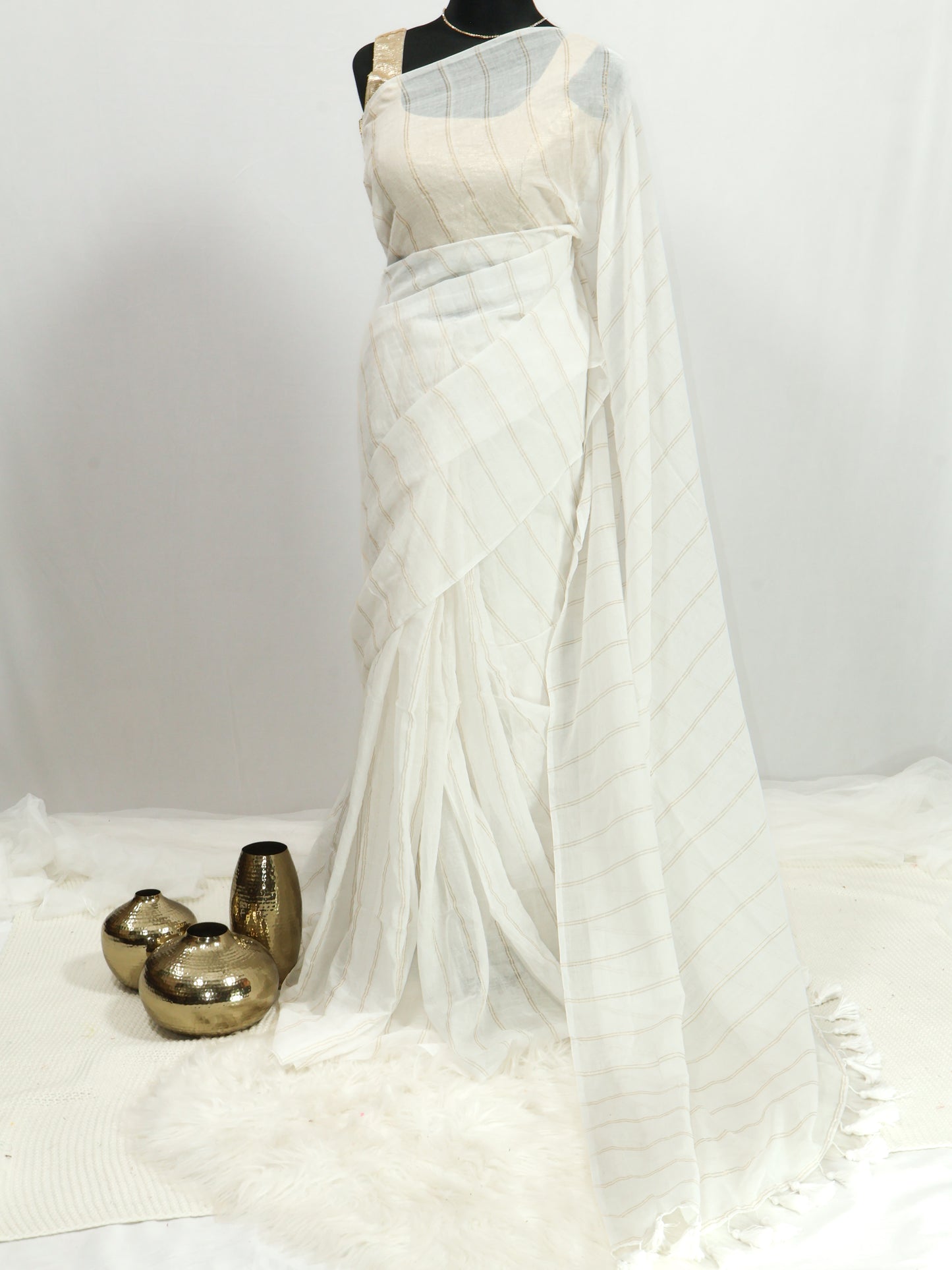 Off white goldenbody stripe mul cotton saree-S203