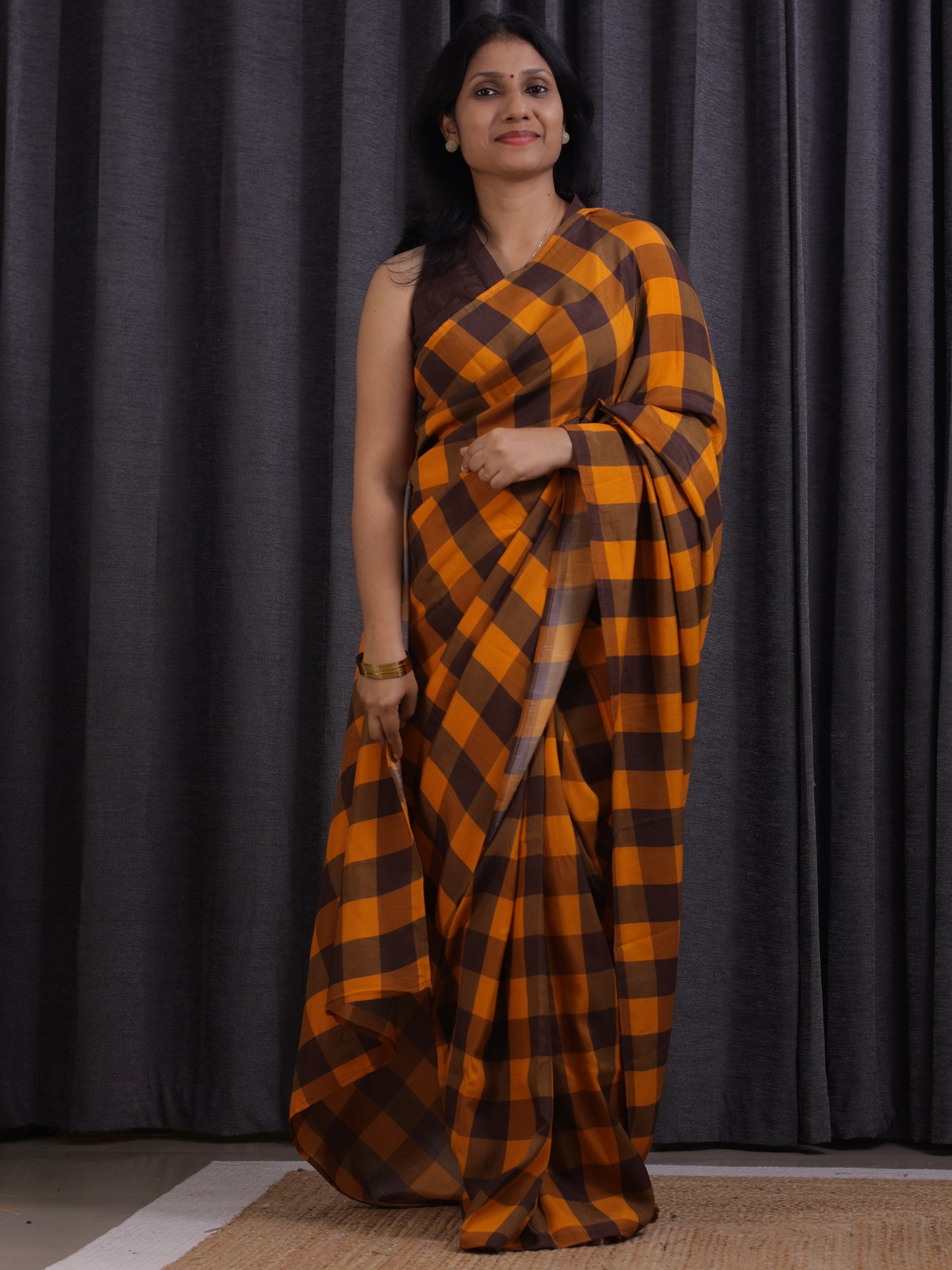 Amber Check Legacy- raw silk saree with digital check prints