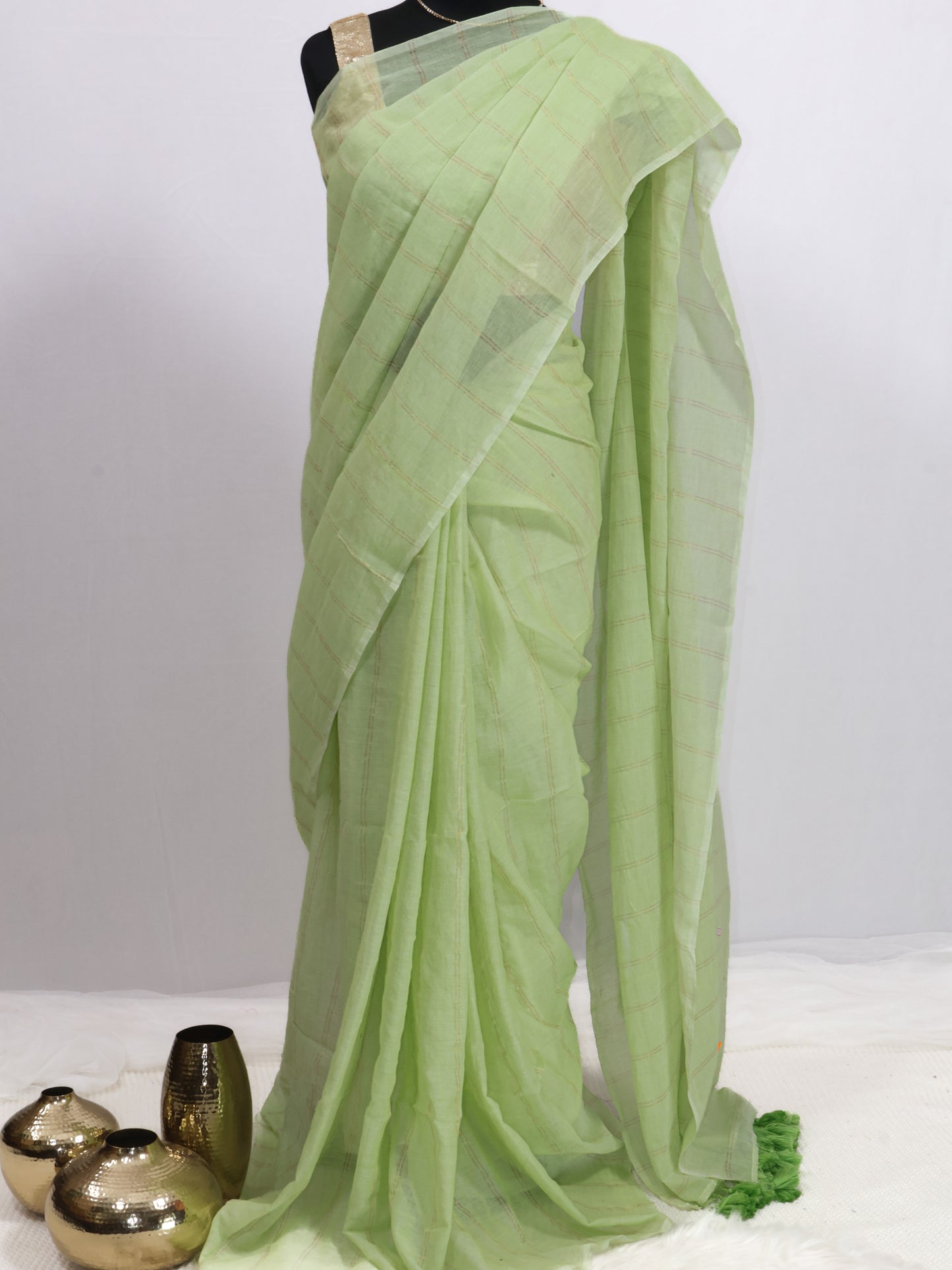 Green goldenbody stripe mul cotton saree-S204