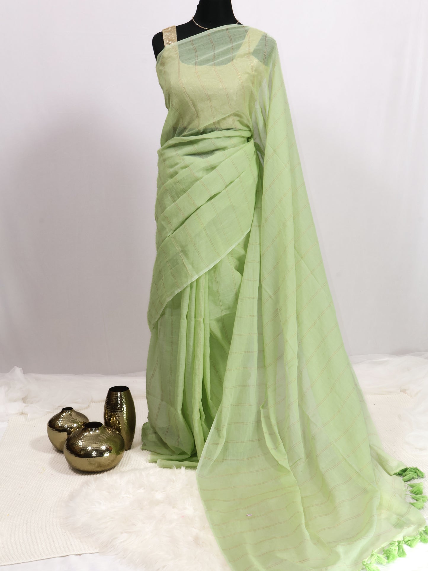 Green goldenbody stripe mul cotton saree-S204