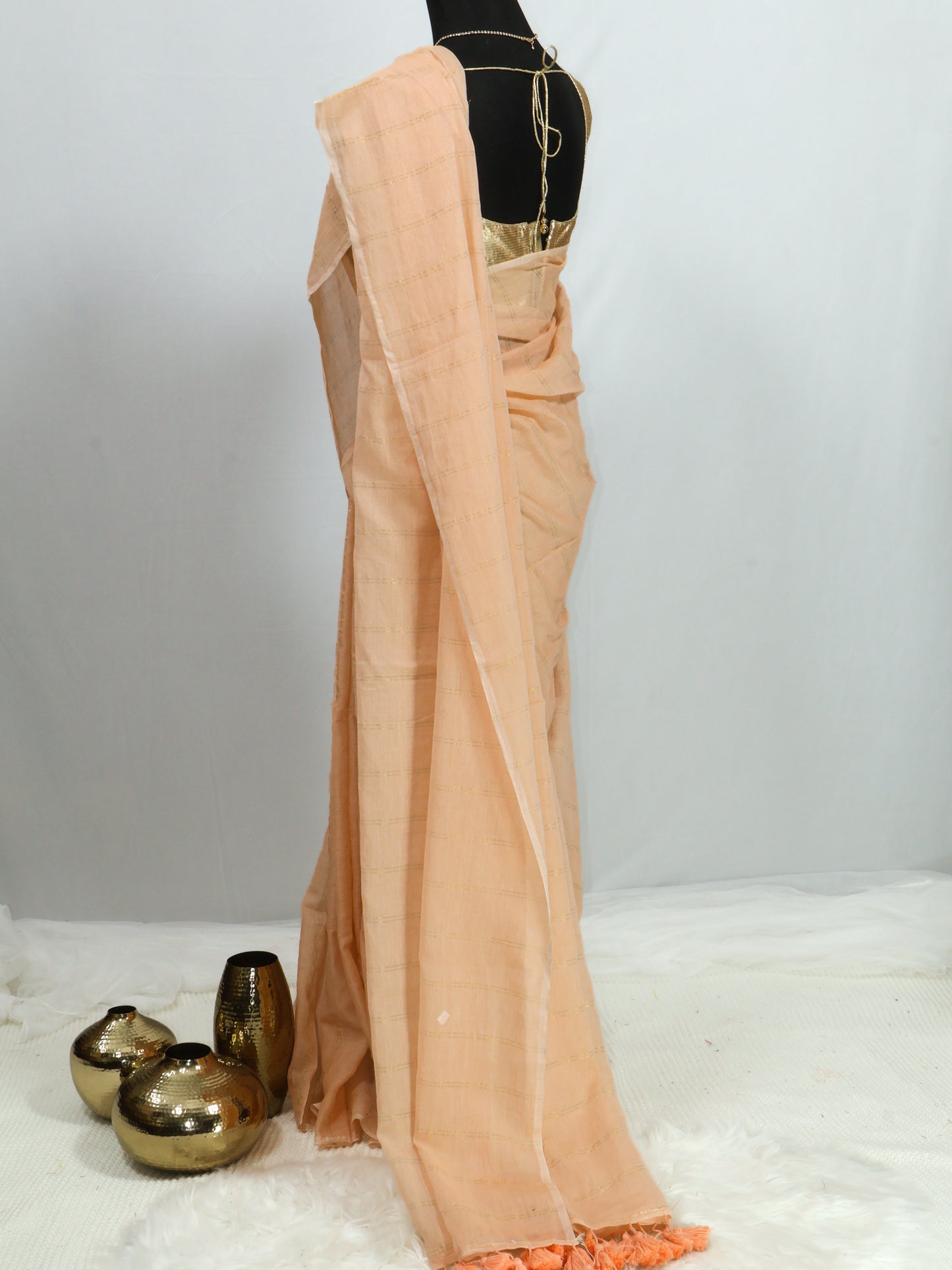 Peach color golden body stripe mul cotton saree-S205