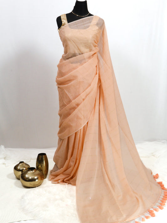 Peach color golden body stripe mul cotton saree-S205