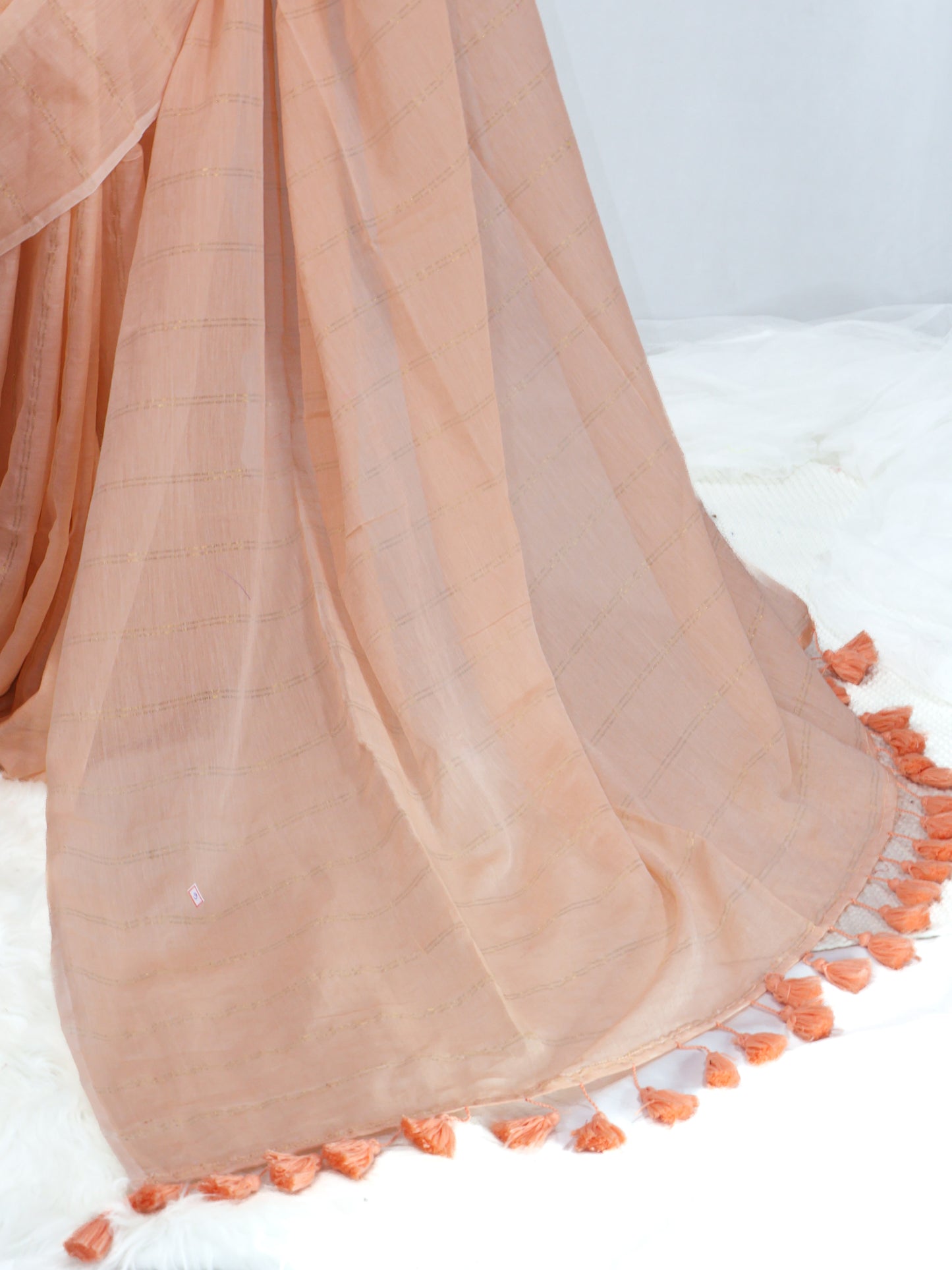 Peach color golden body stripe mul cotton saree-S205