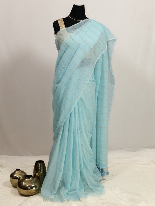 Sky blue color golden body stripe mul cotton saree-S206