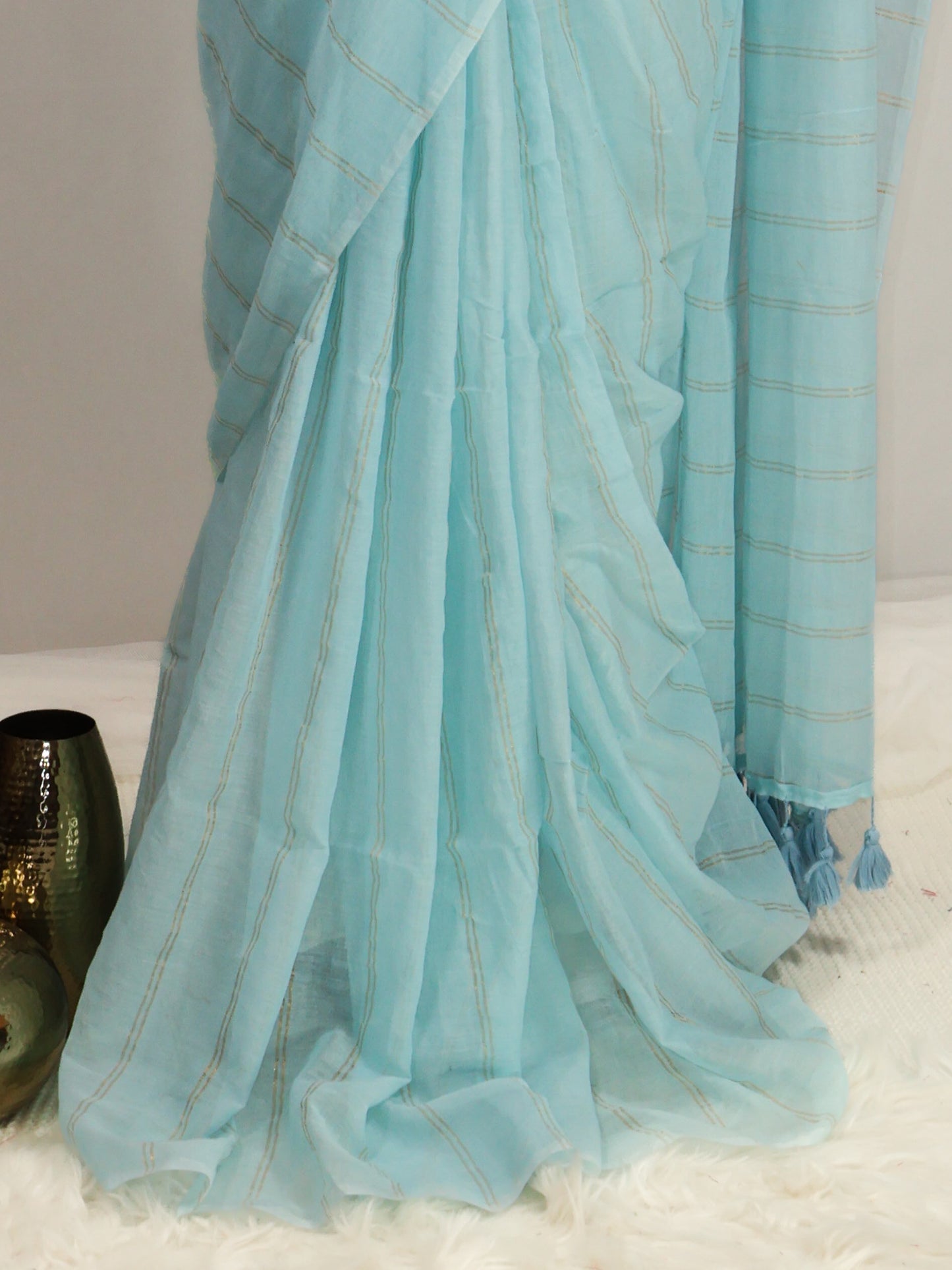 Sky blue color golden body stripe mul cotton saree-S206