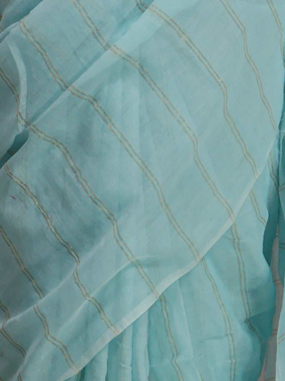 Sky blue color golden body stripe mul cotton saree-S206