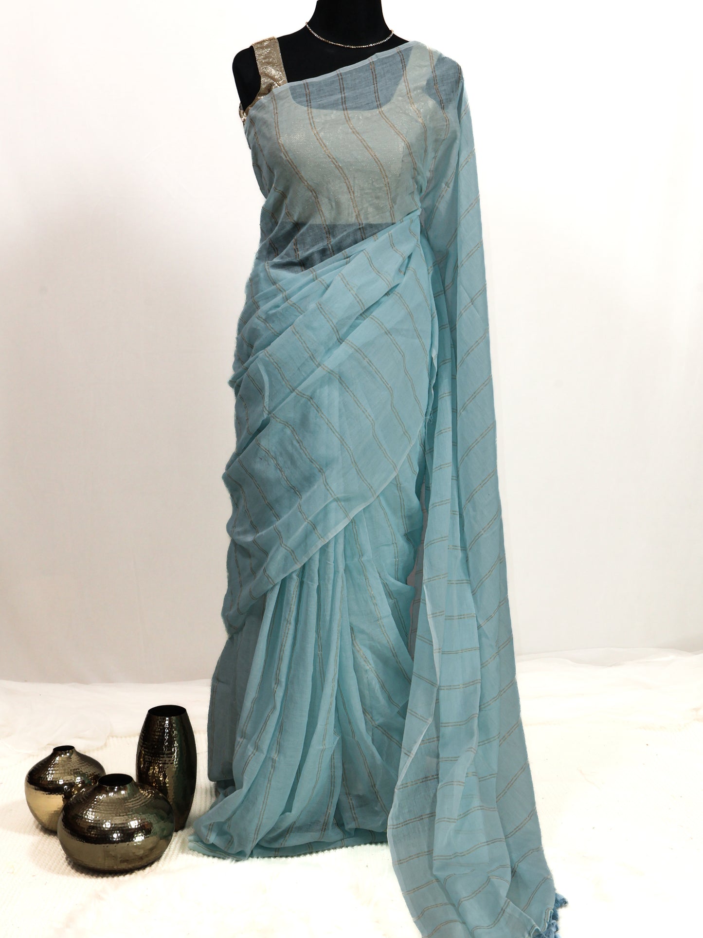 Sky blue color golden body stripe mul cotton saree-S206