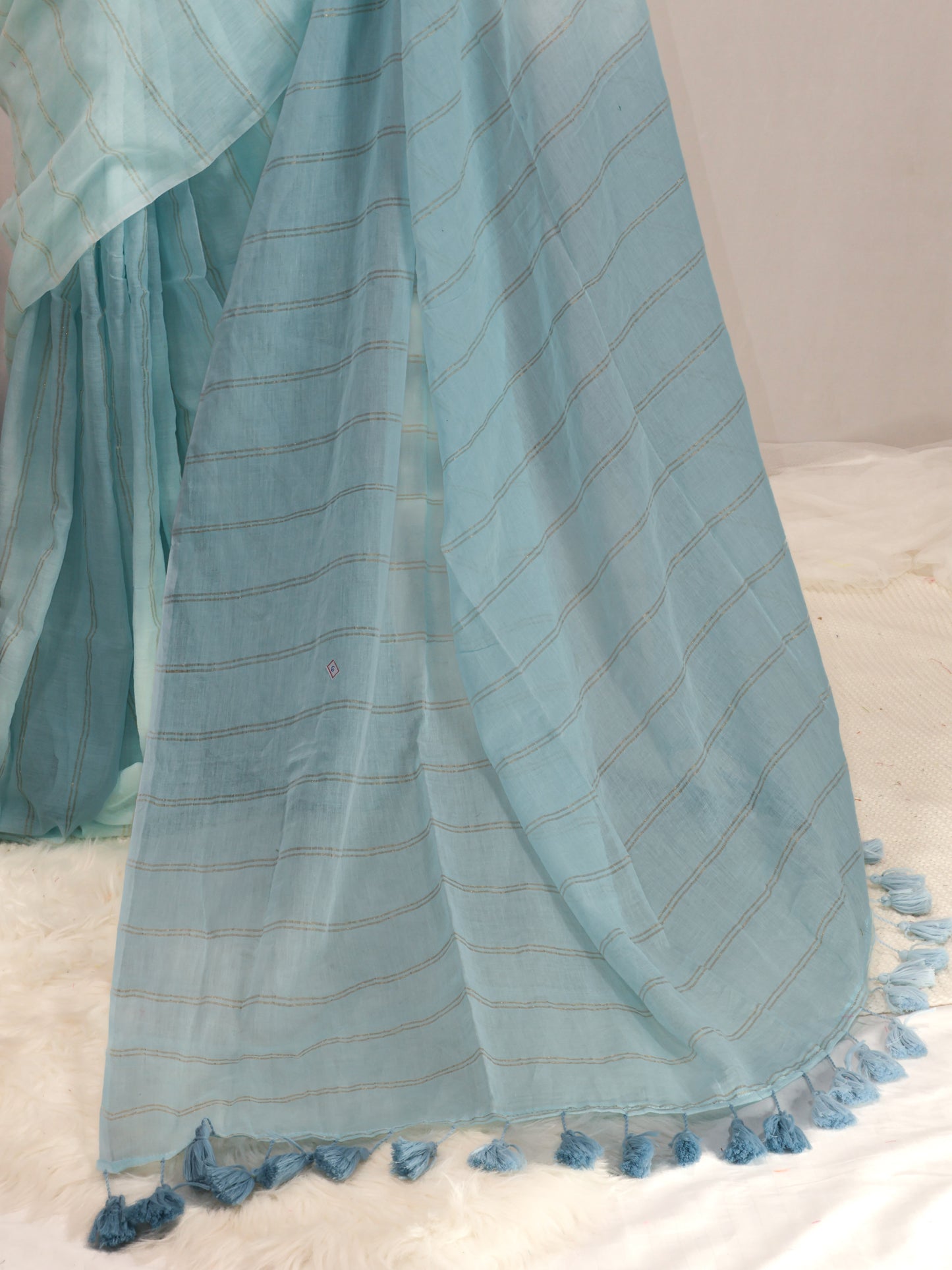 Sky blue color golden body stripe mul cotton saree-S206