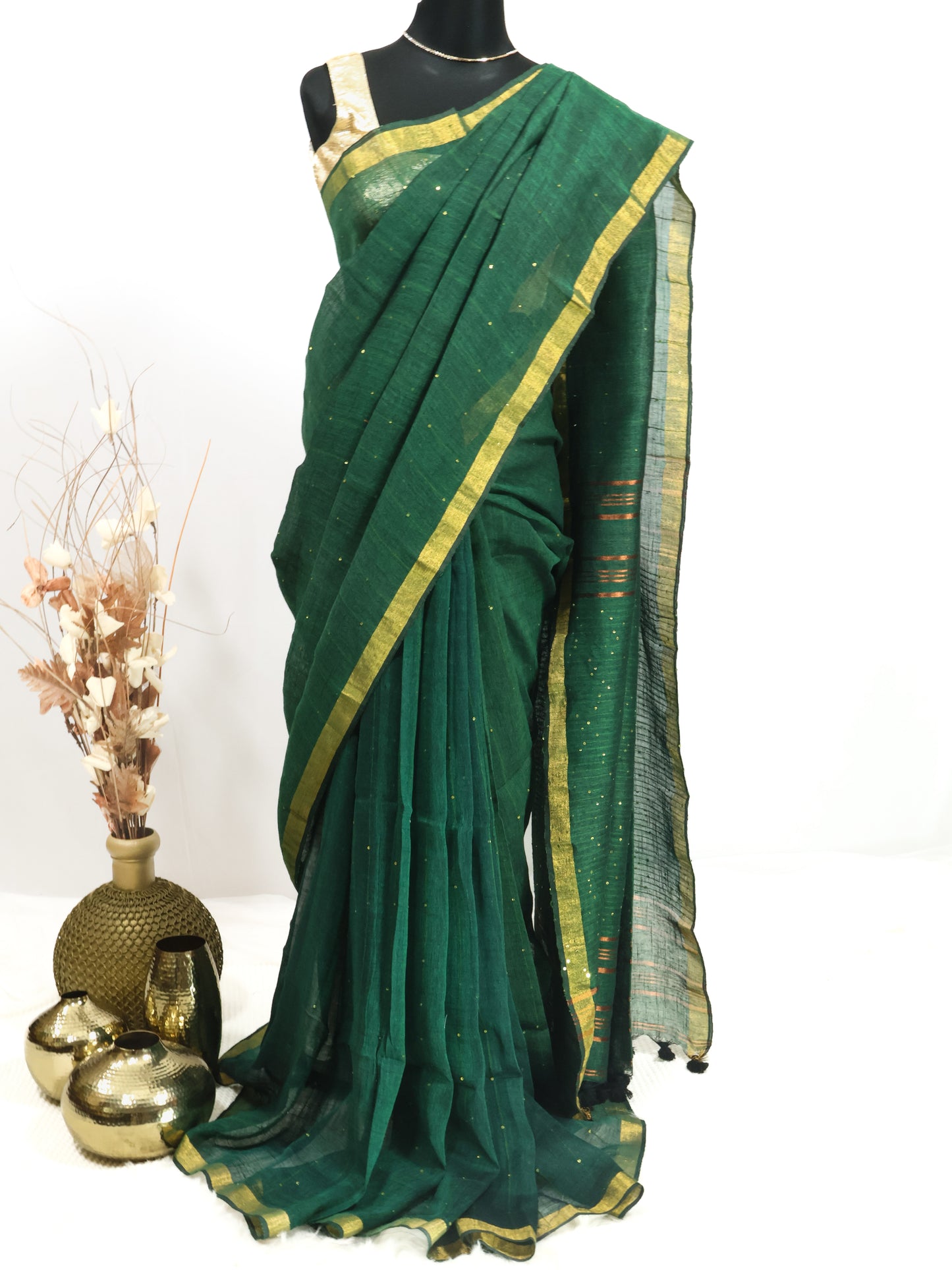 Bottle green sequence pure linen saree-S218