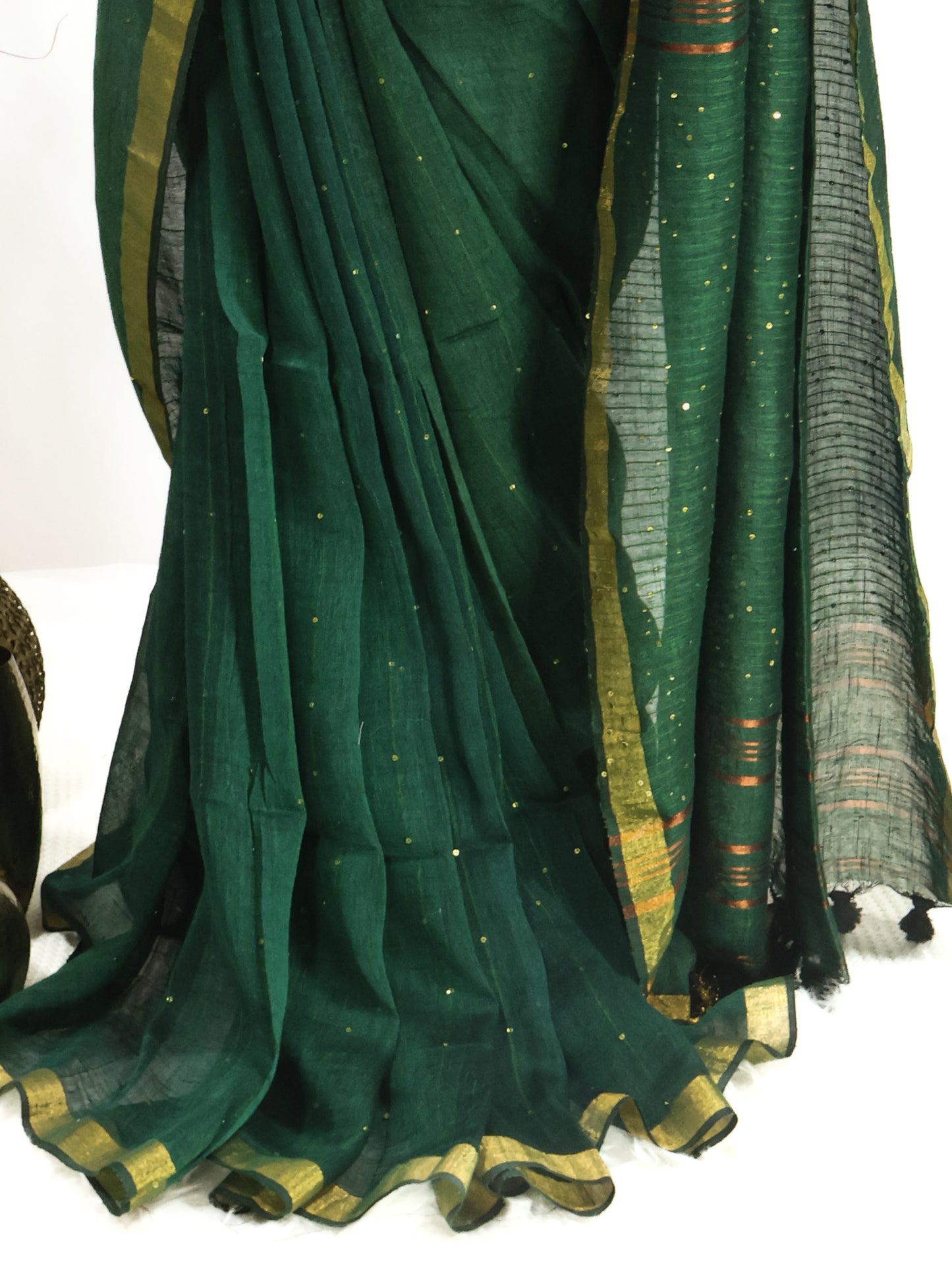 Bottle green sequence pure linen saree-S218