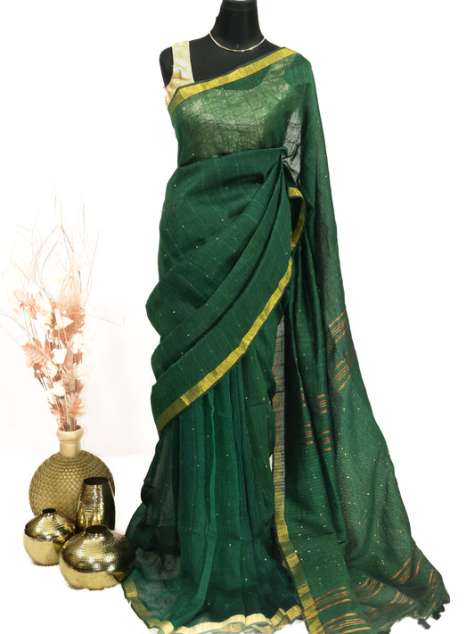 Bottle green sequence pure linen saree-S218