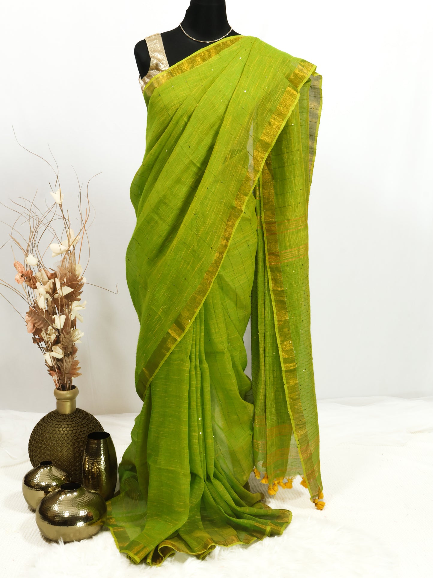 Green sequence pure linen saree-S216