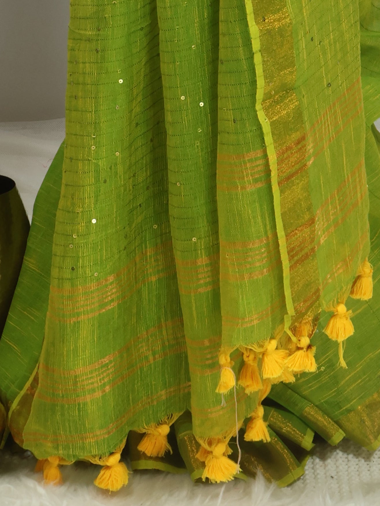 Green sequence pure linen saree-S216