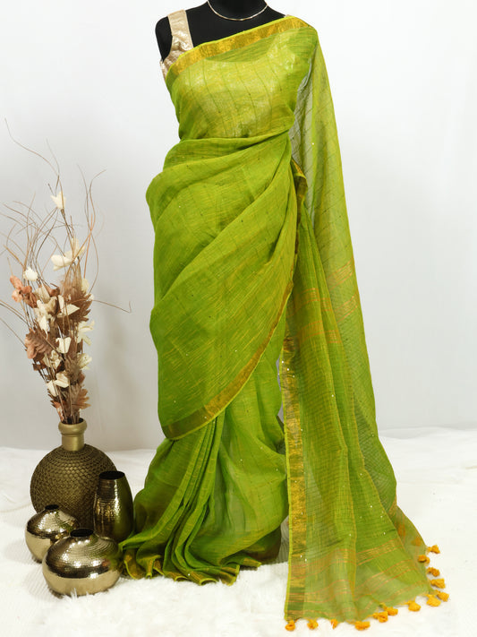 Green sequence pure linen saree-S216